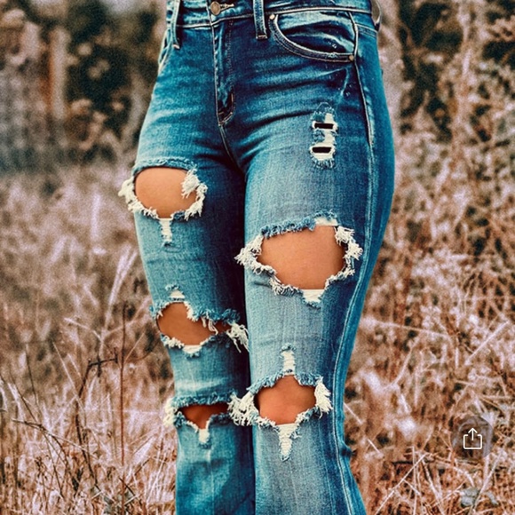 High Rise Distressed Flared Jeans - Picture 1 of 6
